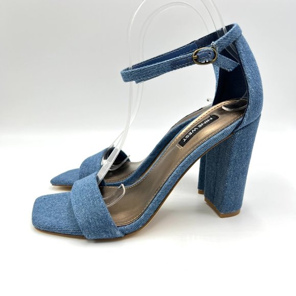 Nine West Womens Size 7.5 Denim Blue Square Toe Block Heels Sandals Shoes 7.5M - Picture 6 of 14